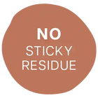 Circular brown icon with white text reading ’NO STICKY RESIDUE’